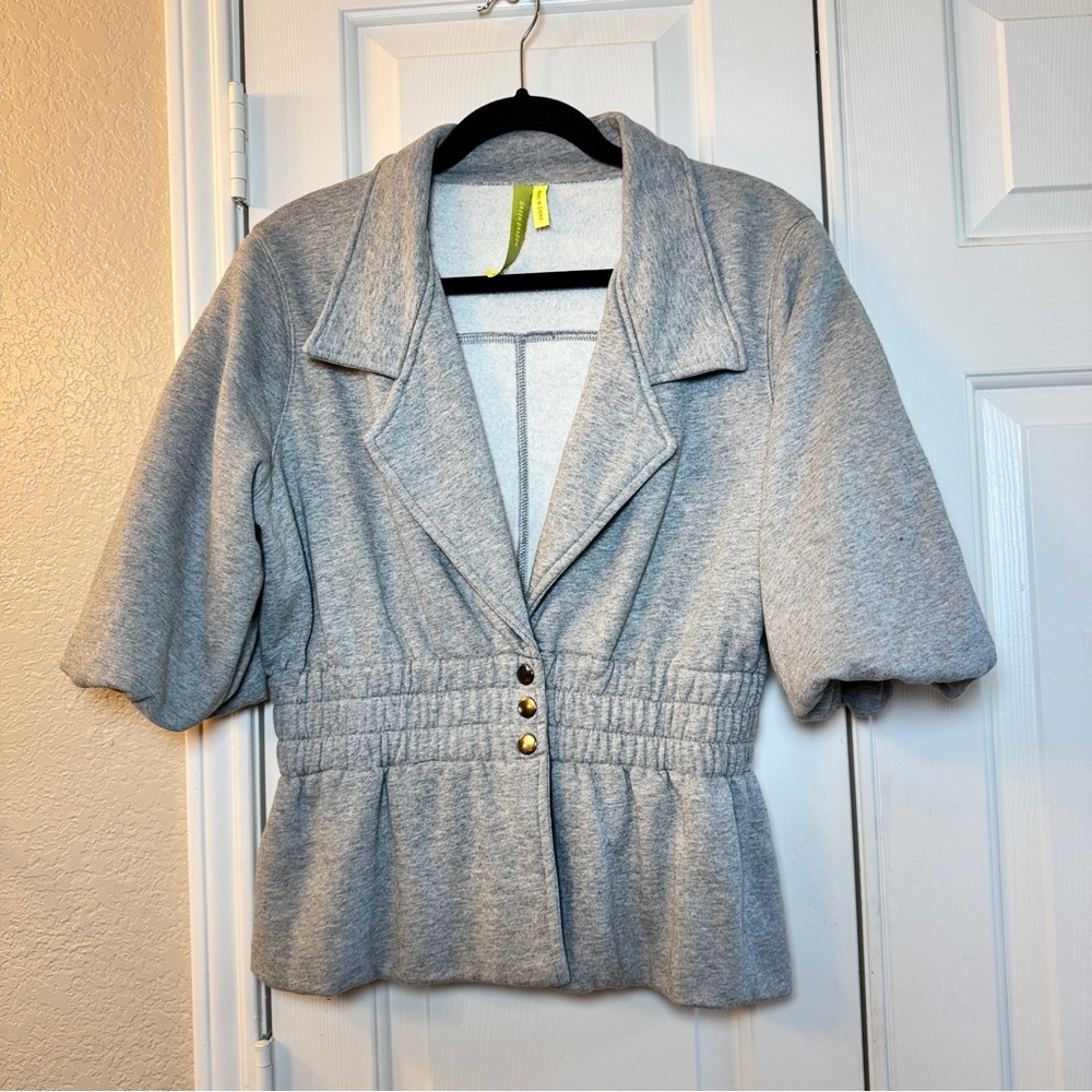 Gray Puff Sleeve Sweatshirt Y2K Green Dragon, Elastic Button Waist, V-Neck, Sz M